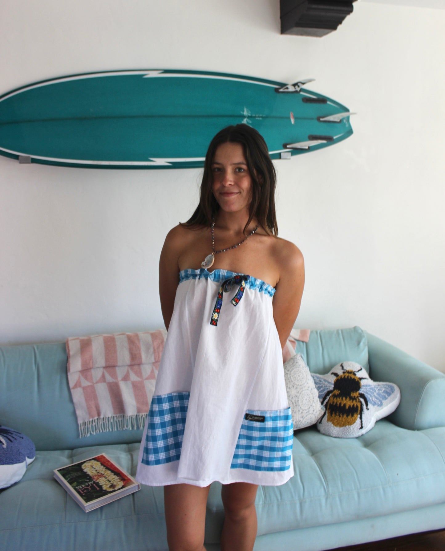 Strapless Palaka Dress in Ocean Blue