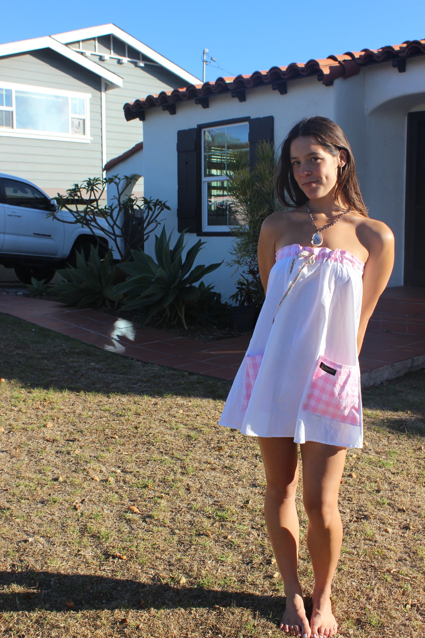 Strapless Palaka Dress in Pink