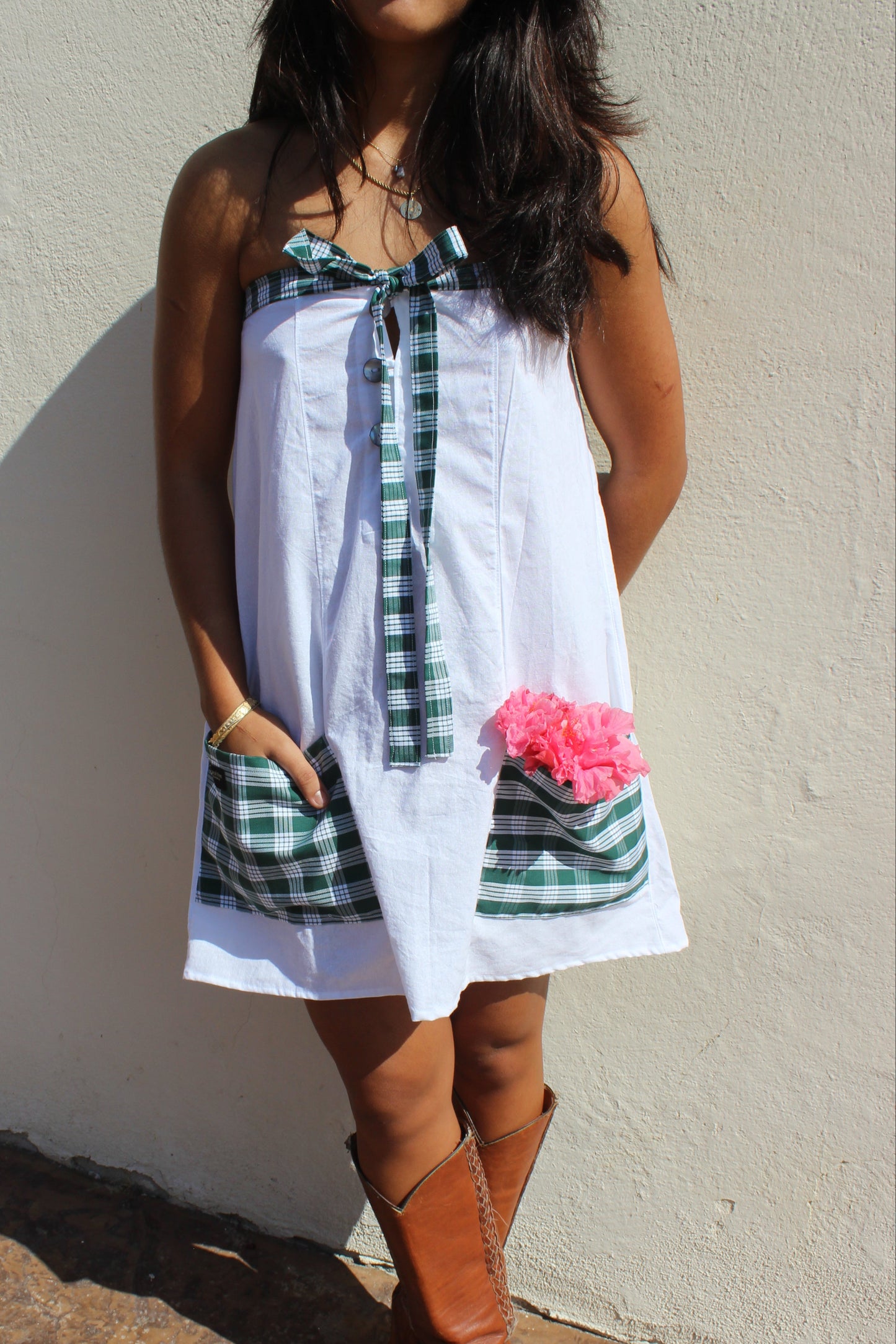 Strapless Green Palaka Dress with Pockets