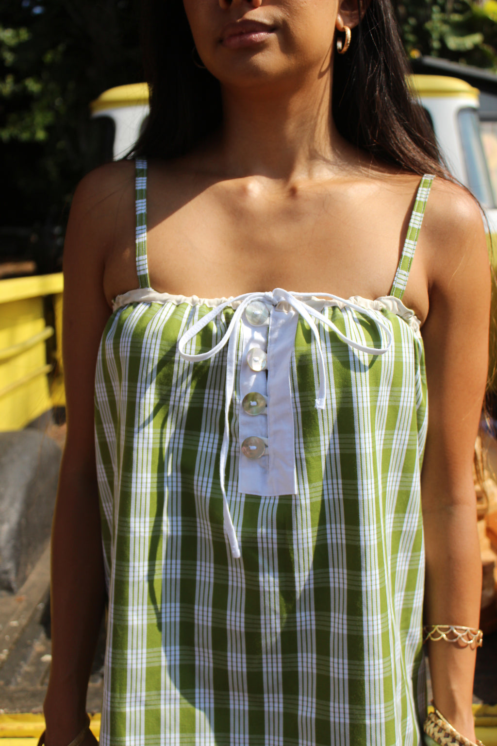 Green + Beige Palaka Mini Dress