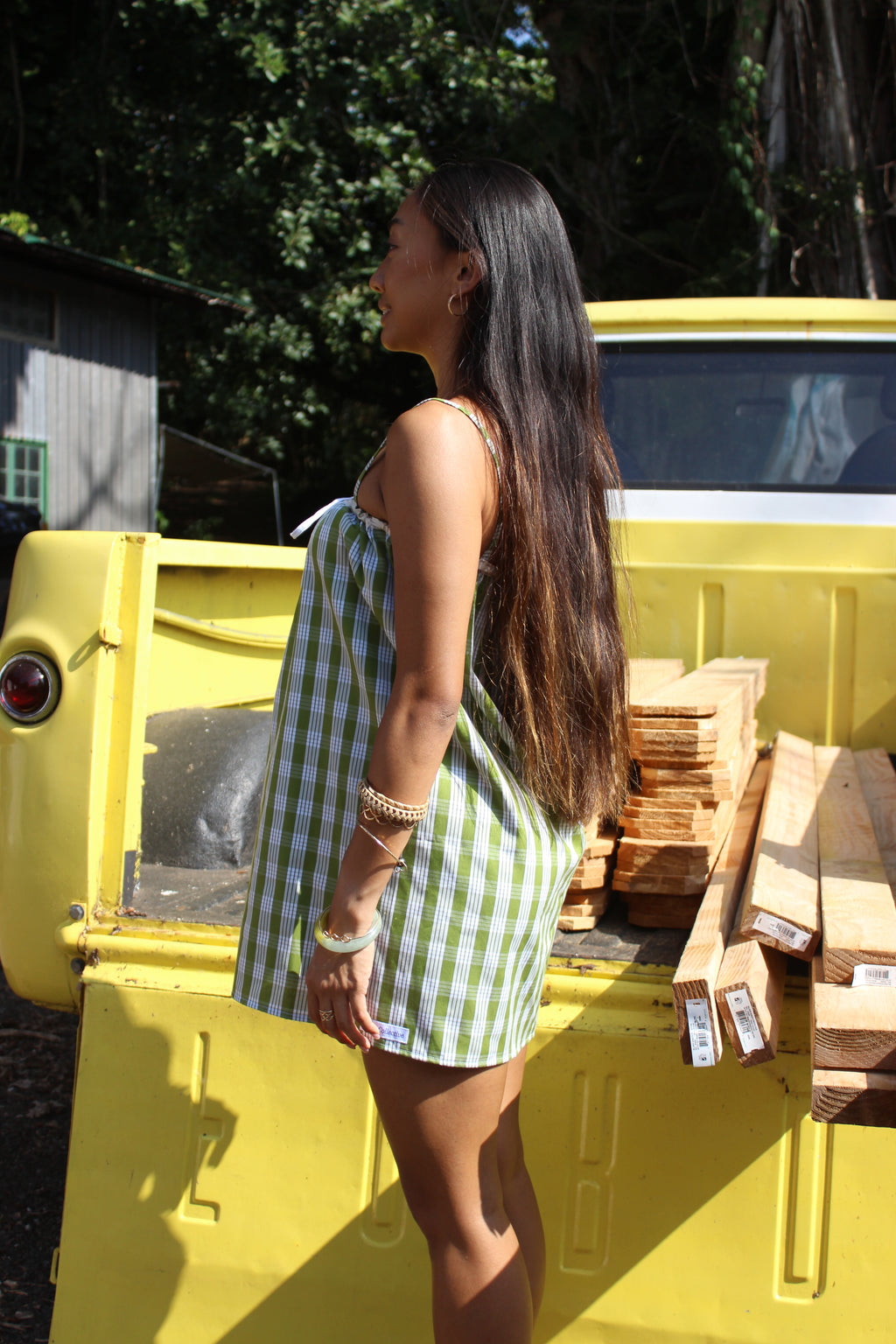 Green + Beige Palaka Mini Dress