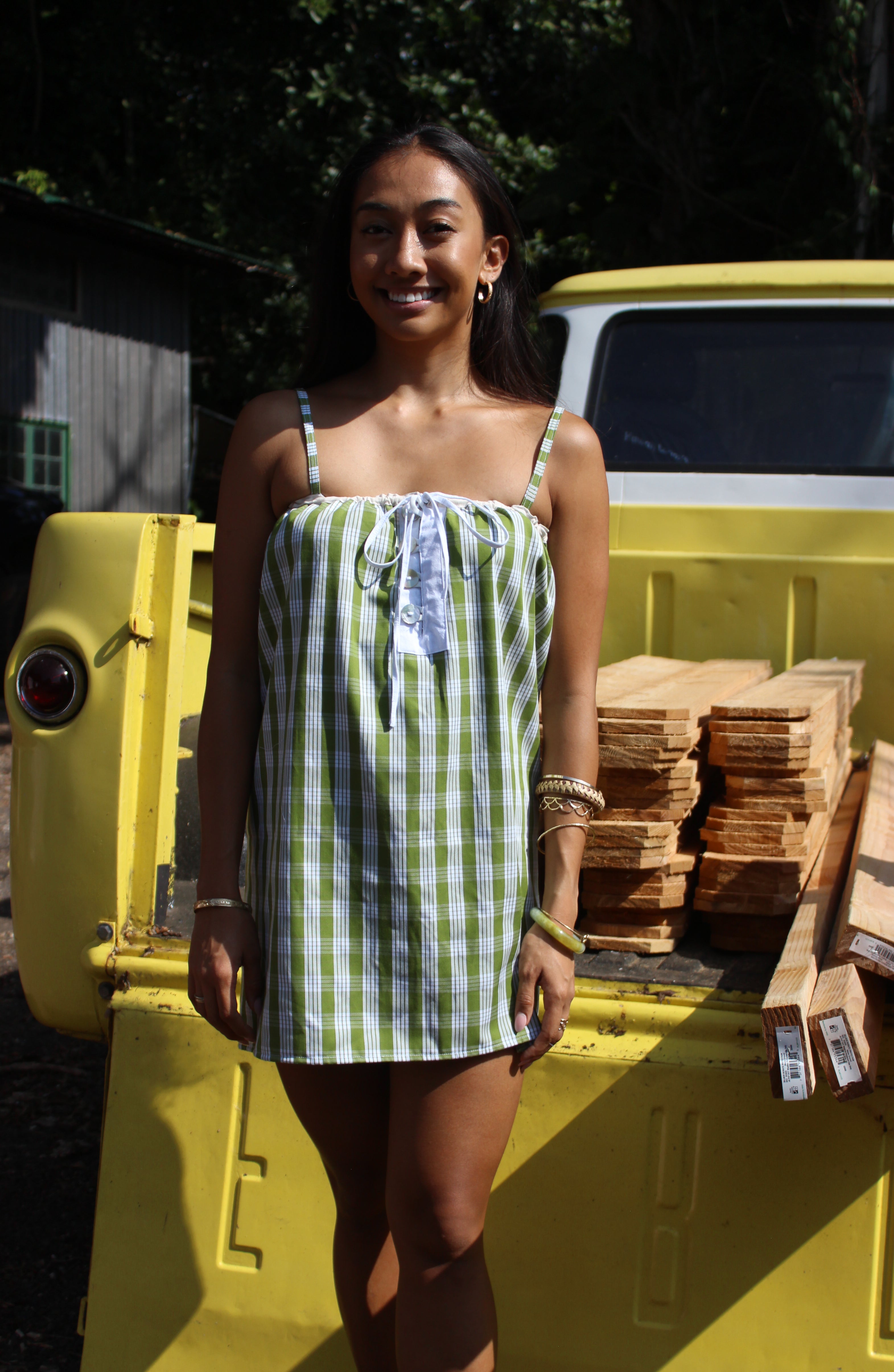 Green + Beige Palaka Mini Dress