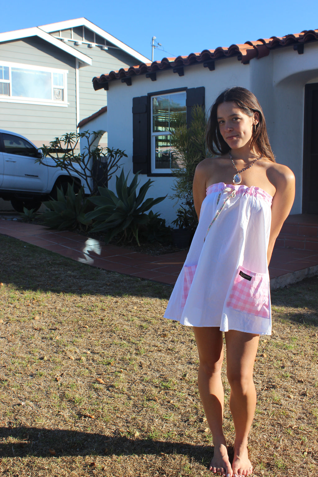 Strapless Palaka Dress in Pink