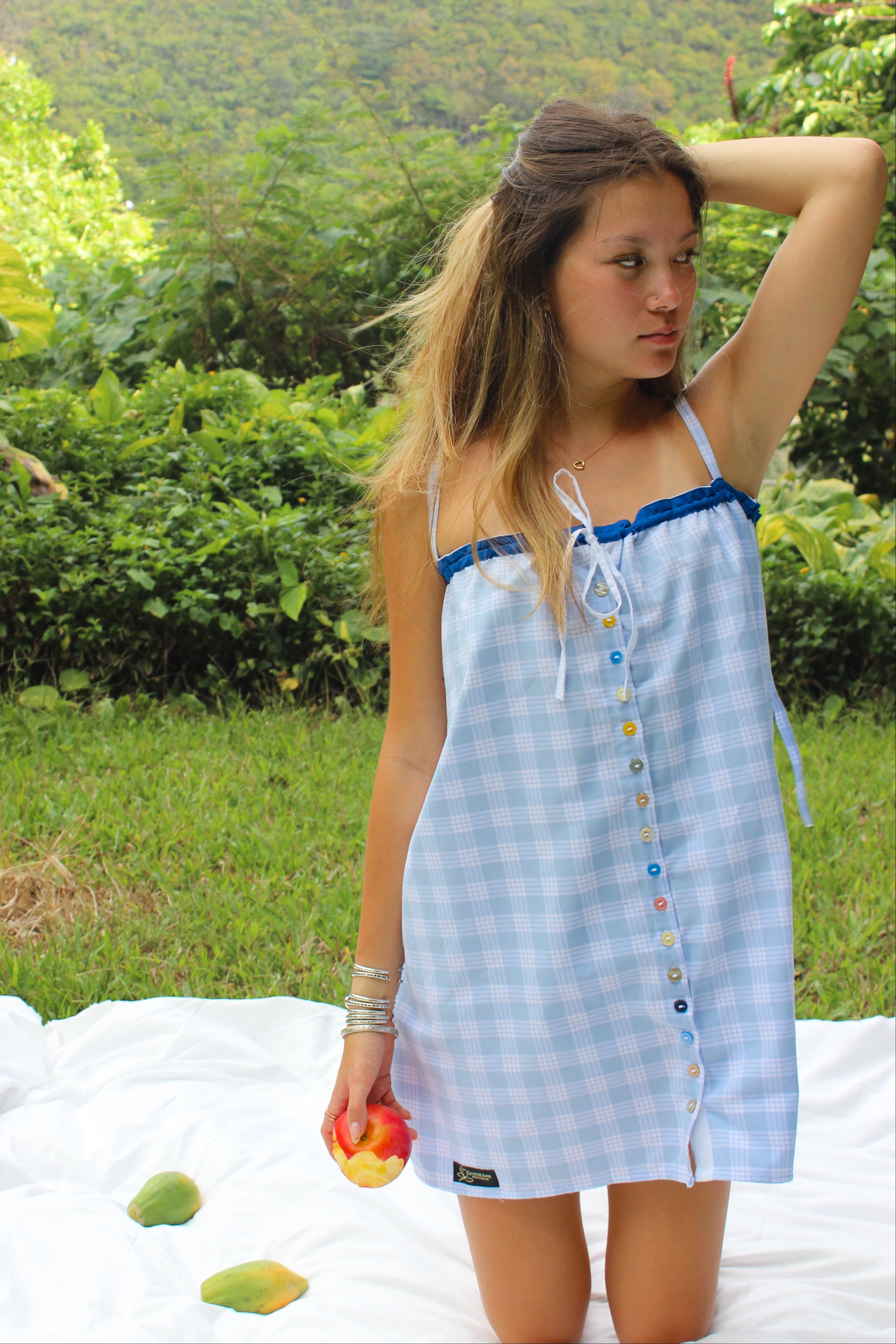 LUXE Blue Palaka Mismatch Button Dress
