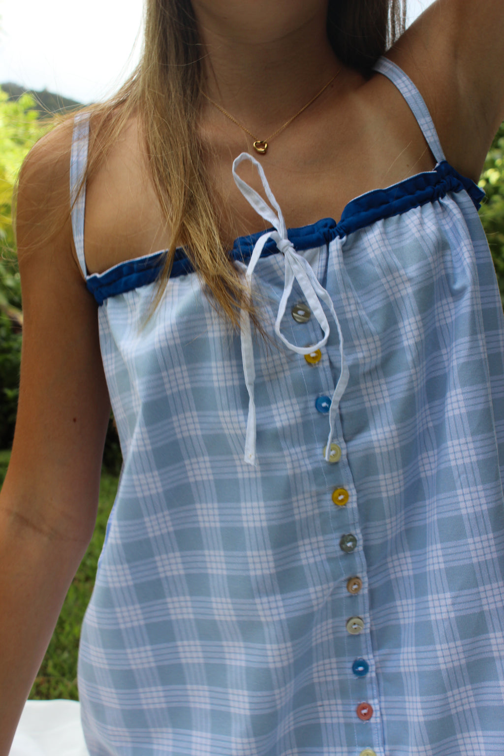 LUXE Blue Palaka Mismatch Button Dress