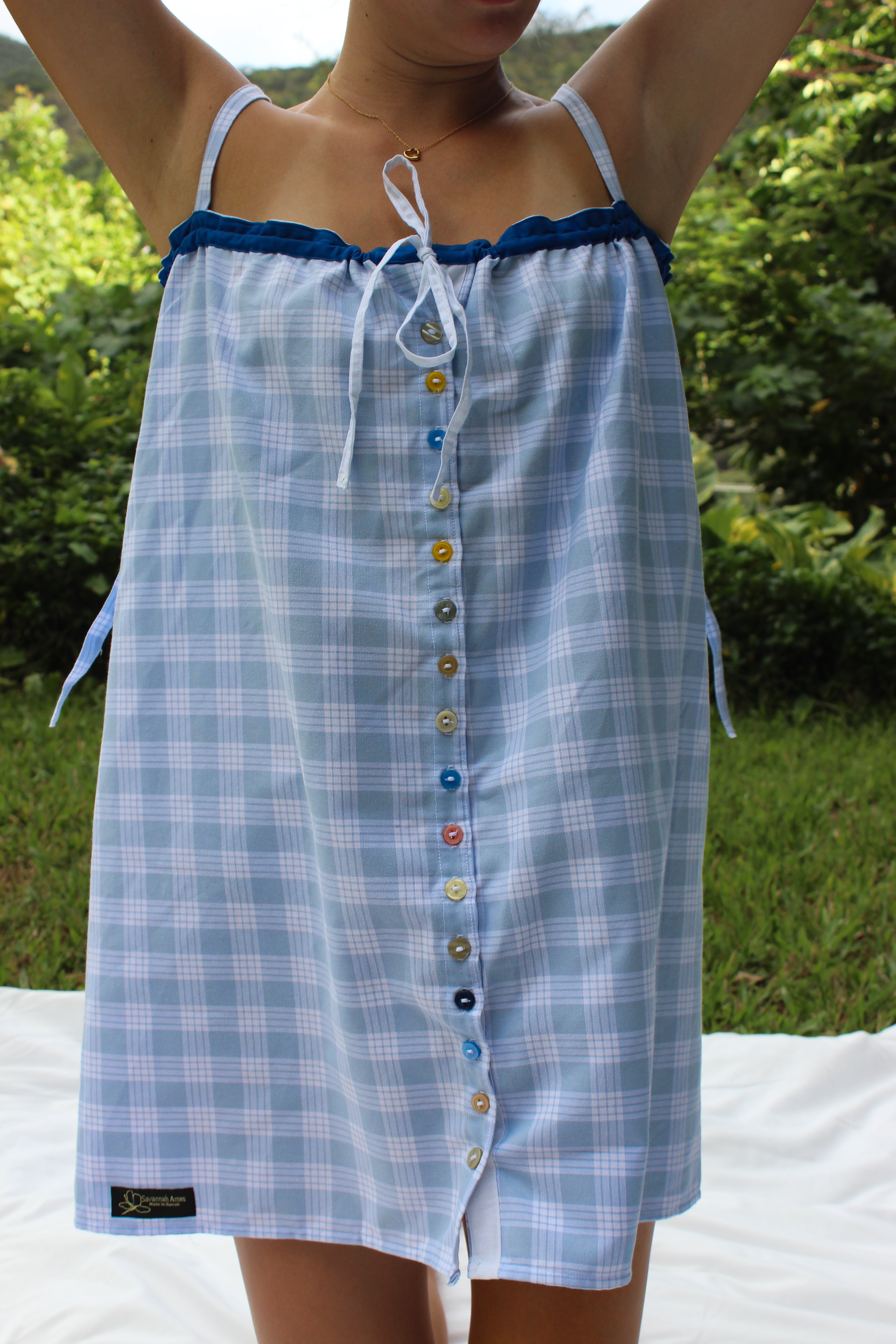 LUXE Blue Palaka Mismatch Button Dress