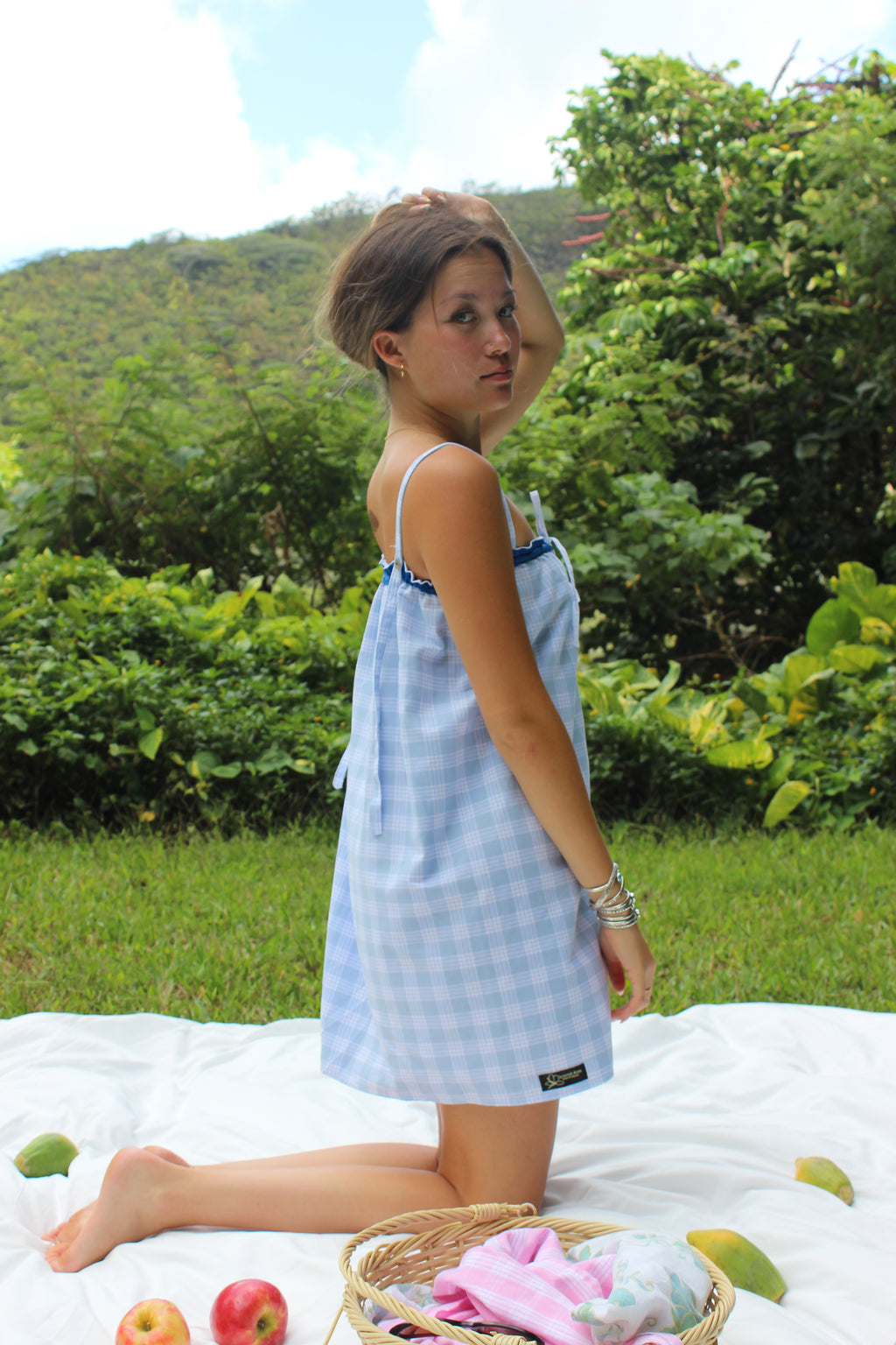 LUXE Blue Palaka Mismatch Button Dress