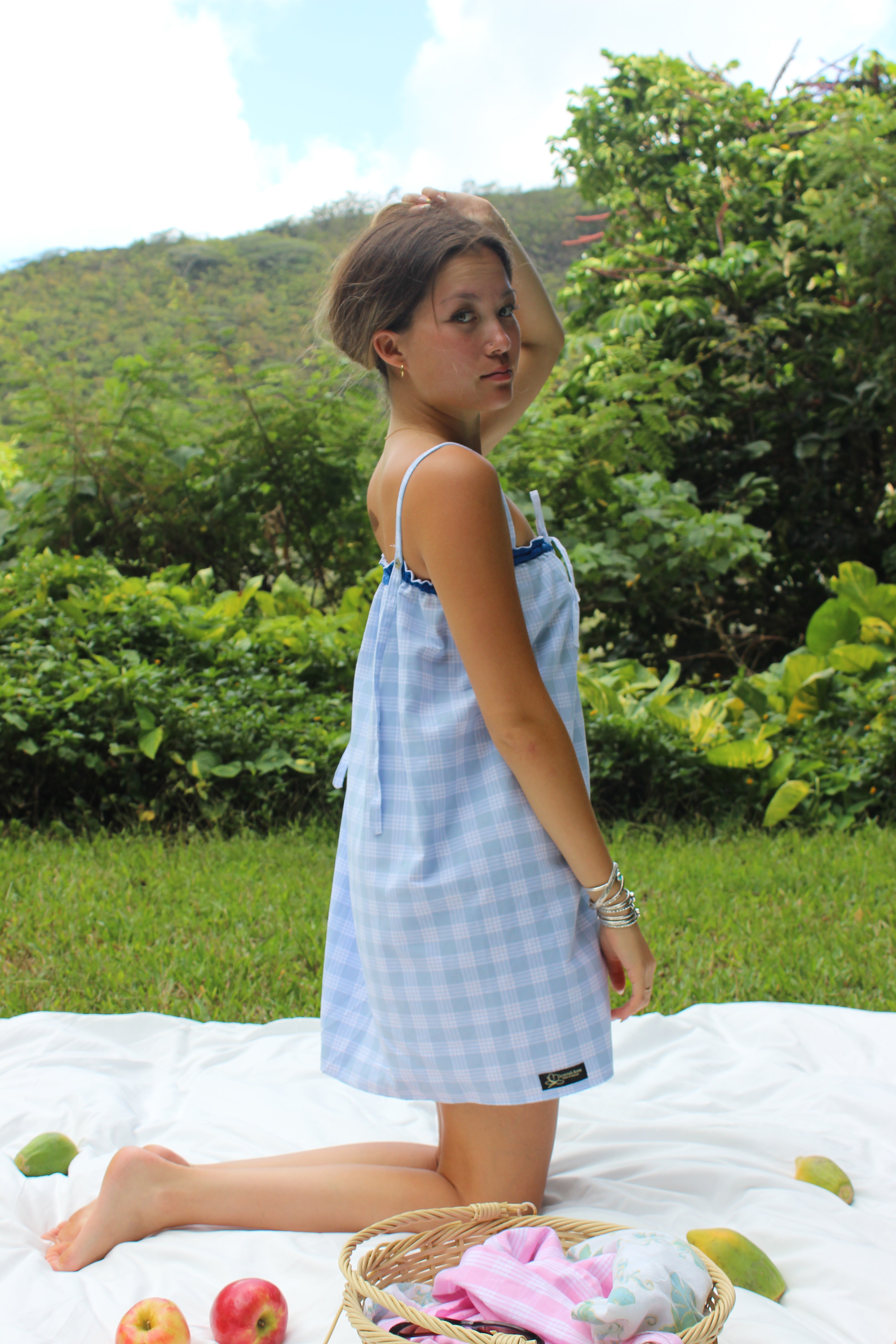 LUXE Blue Palaka Mismatch Button Dress