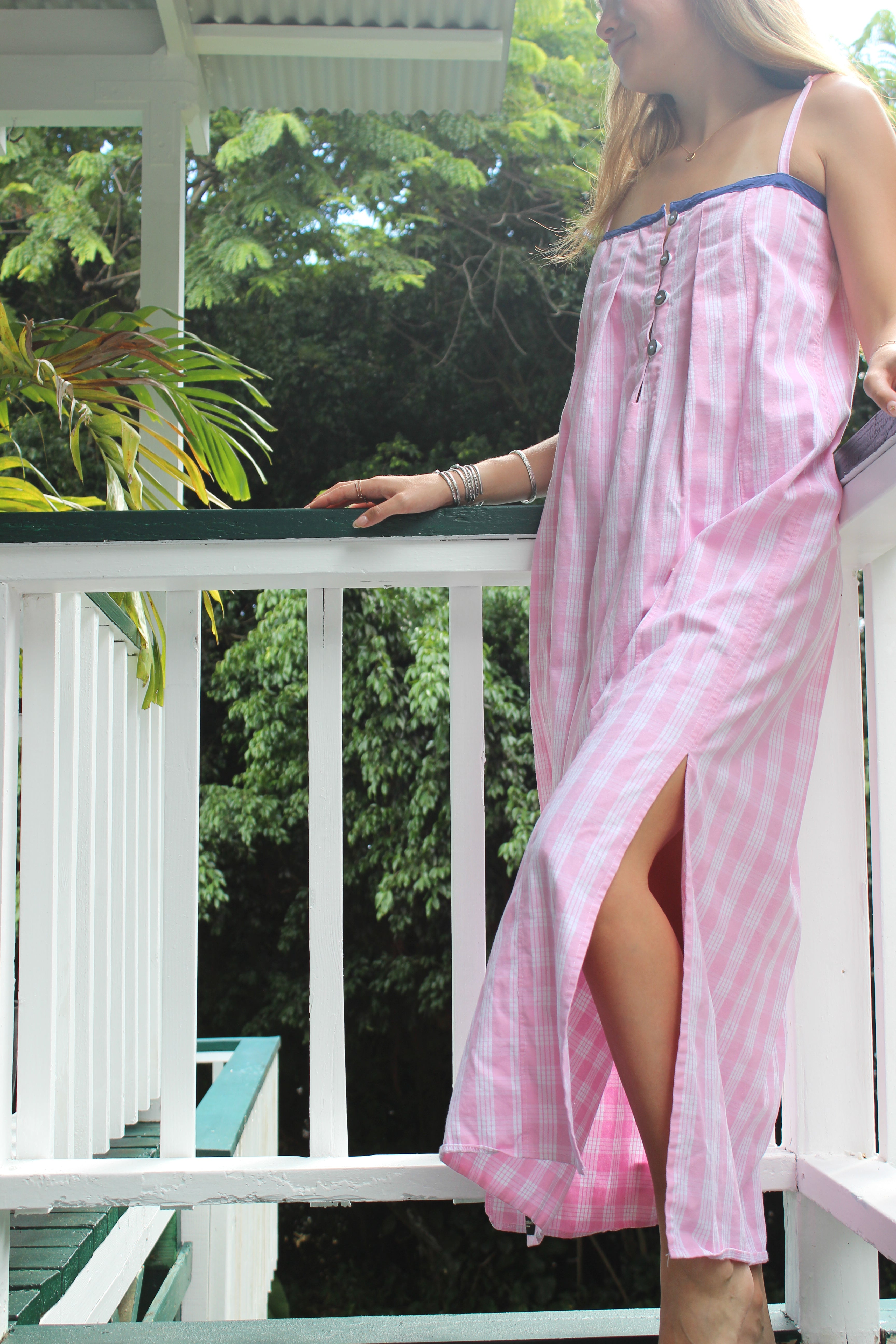 Pink Palaka Maxi Dress with Slit