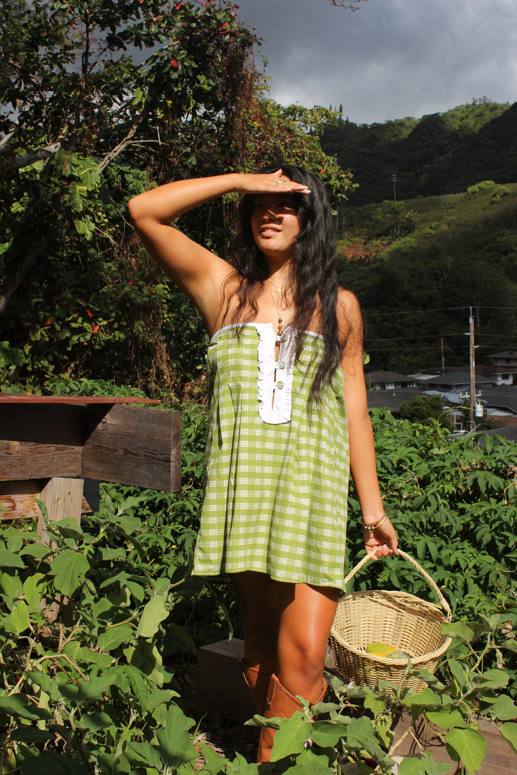 Green Palaka Strapless Mini Dress