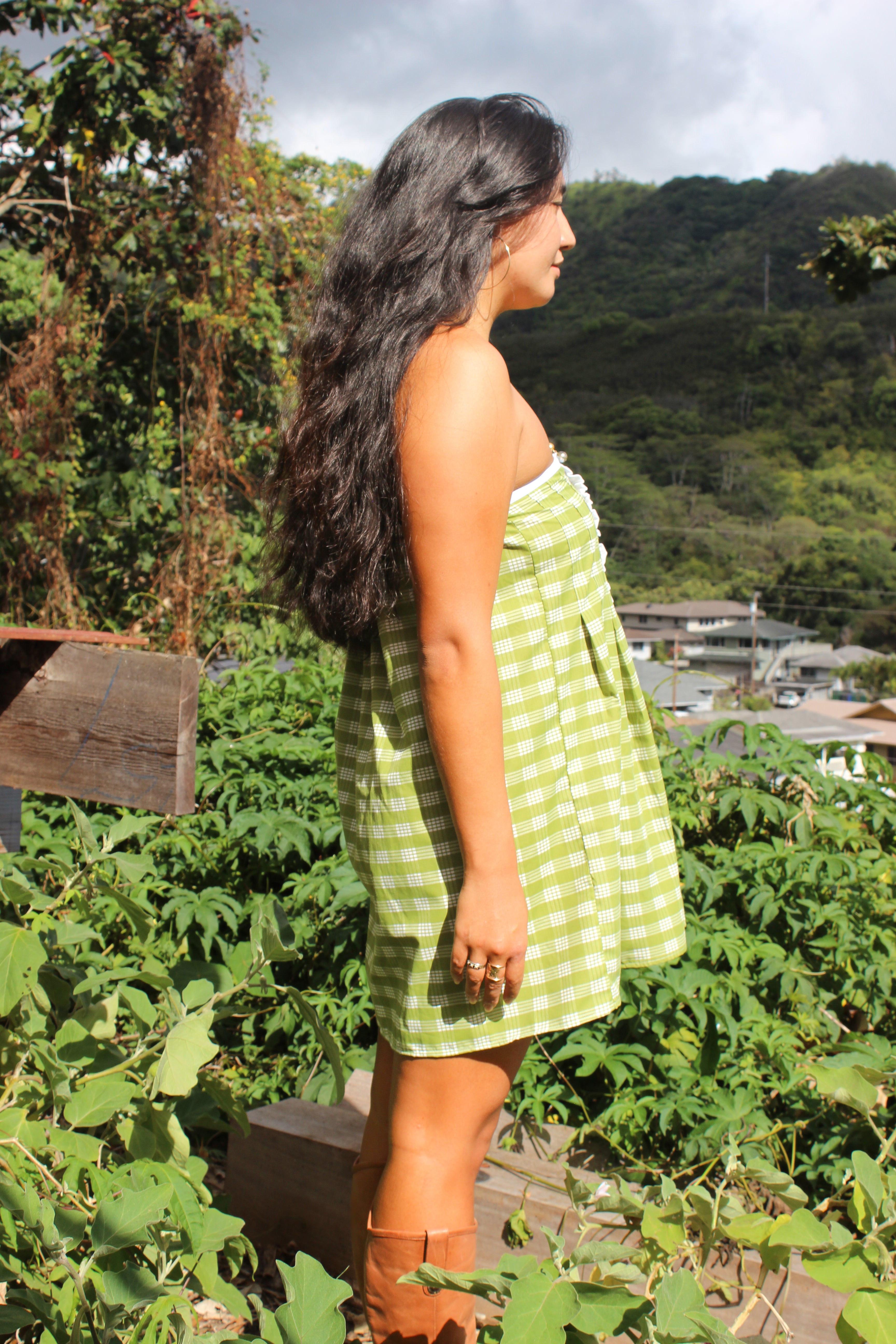 Green Palaka Strapless Mini Dress