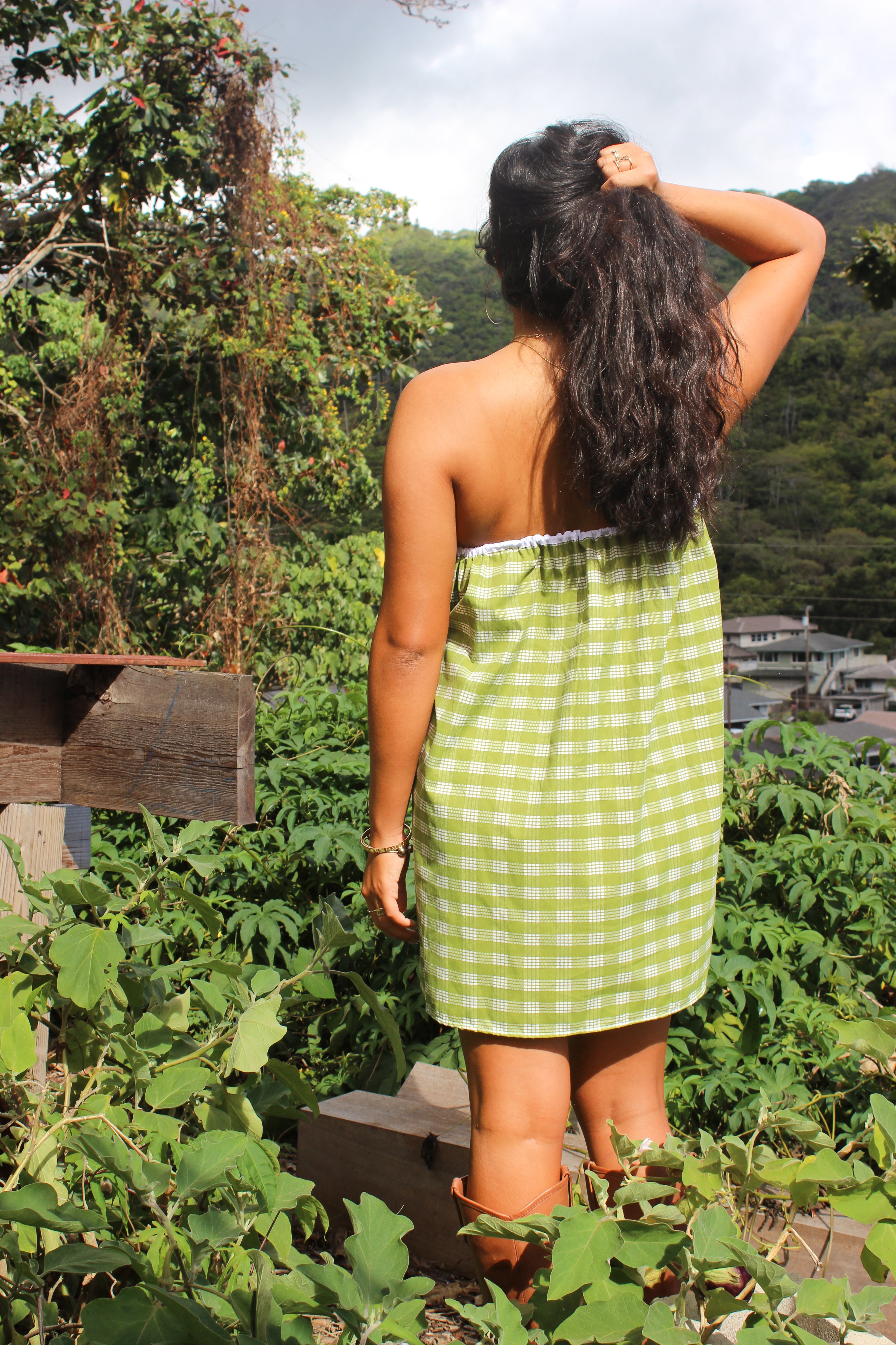 Green Palaka Strapless Mini Dress
